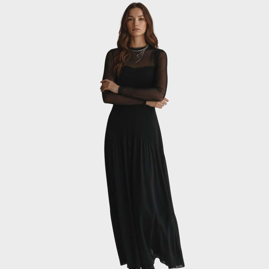 Maxi Dress Black Long Sleeve Sheer Mesh