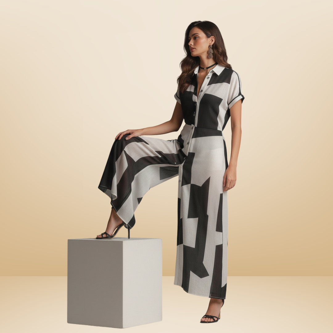 Maxi Dress Black and White Geometric Button Front Short Sleeve
