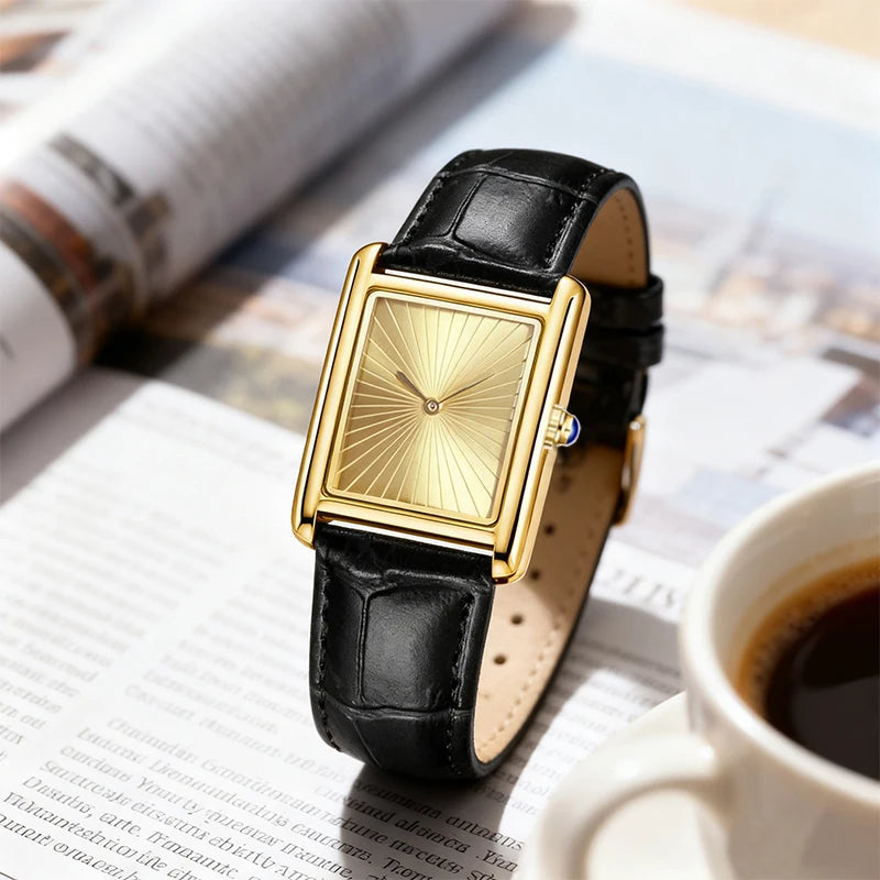 Square Sunray Dial Quartz Watch Leather Strap