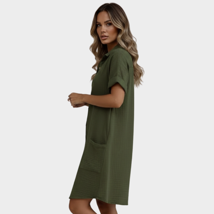 Shirt Dress White Button Front Short Sleeve Knee Length