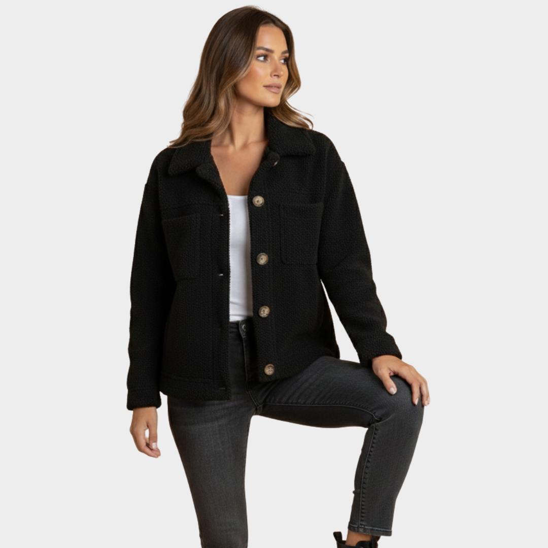 Women's Black Fleece Button Jacket