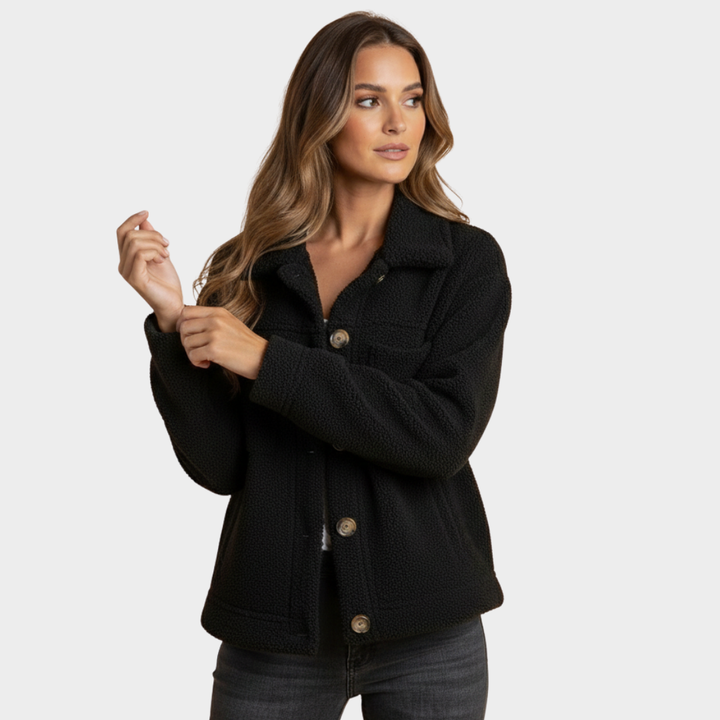 Women's Black Fleece Button Jacket