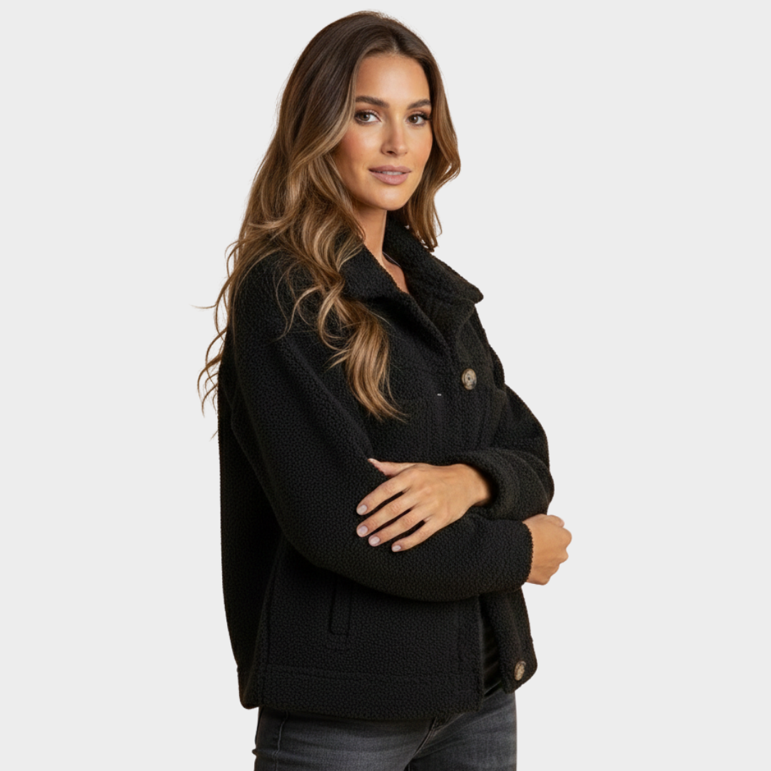 Women's Black Fleece Button Jacket
