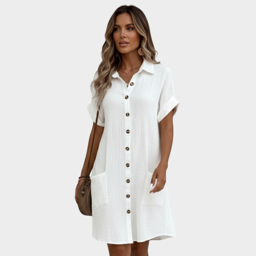 Shirt Dress White Button Front Short Sleeve Knee Length