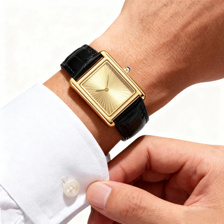 Square Sunray Dial Quartz Watch Leather Strap