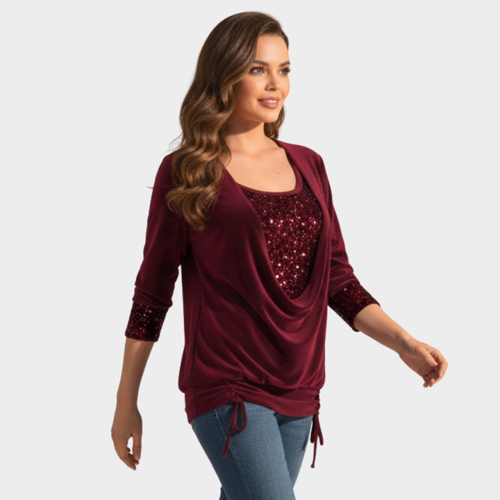 Women’s Sequin Cowl Neck Long Sleeve Top Burgundy
