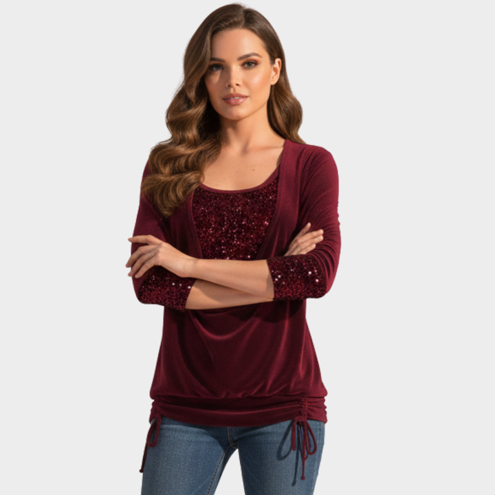Women’s Sequin Cowl Neck Long Sleeve Top Burgundy