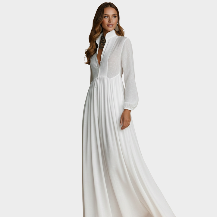 Maxi Dress White Chiffon Long Sleeve Button Front
