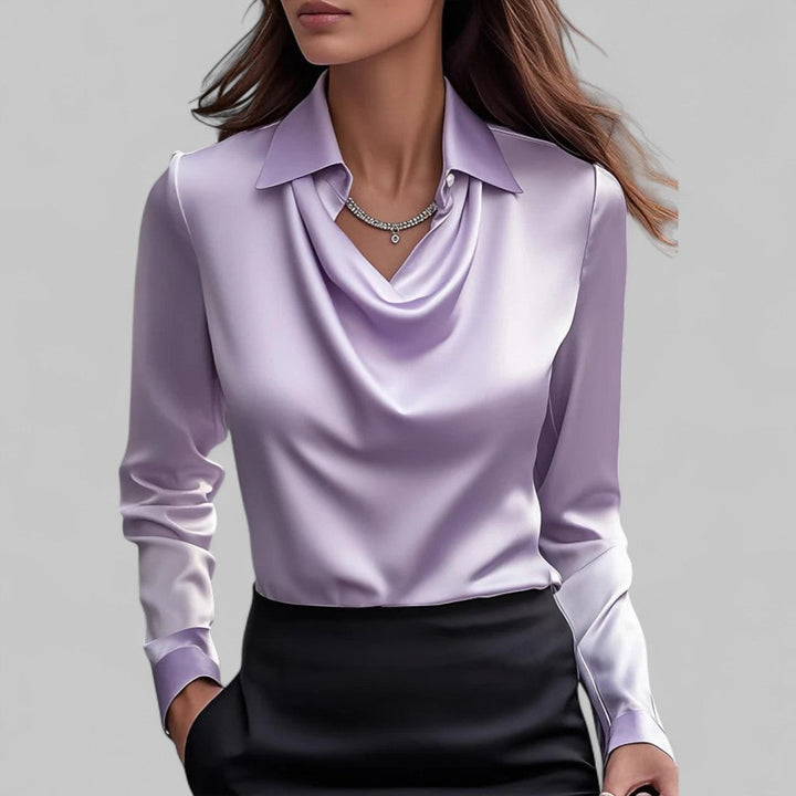 Women's Long Sleeve Satin Blouse with Draped Neck