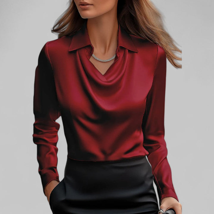 Women's Long Sleeve Satin Blouse with Draped Neck