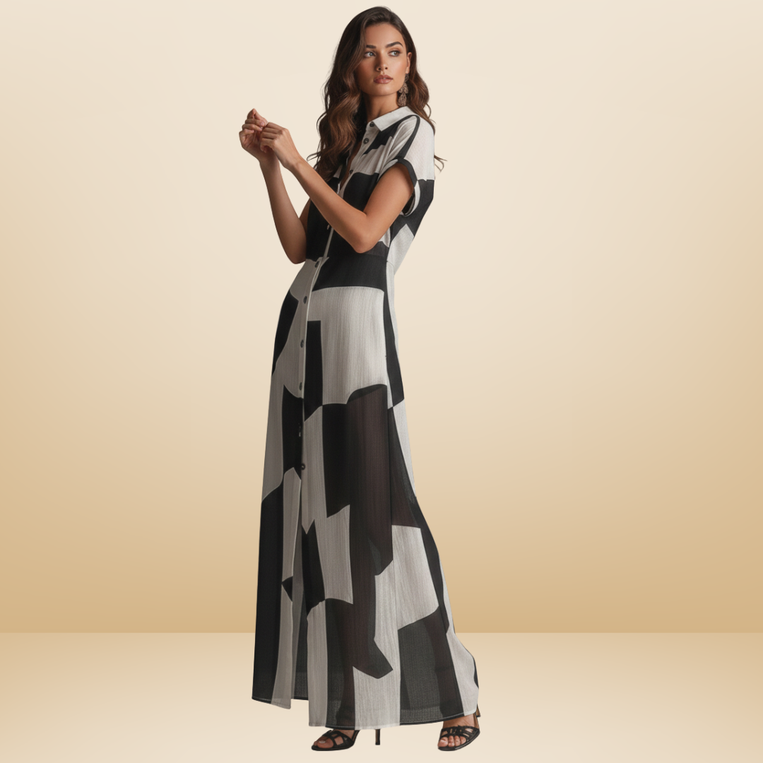 Maxi Dress Black and White Geometric Button Front Short Sleeve