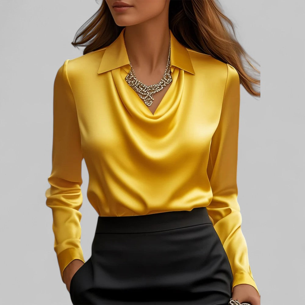 Women's Long Sleeve Satin Blouse with Draped Neck