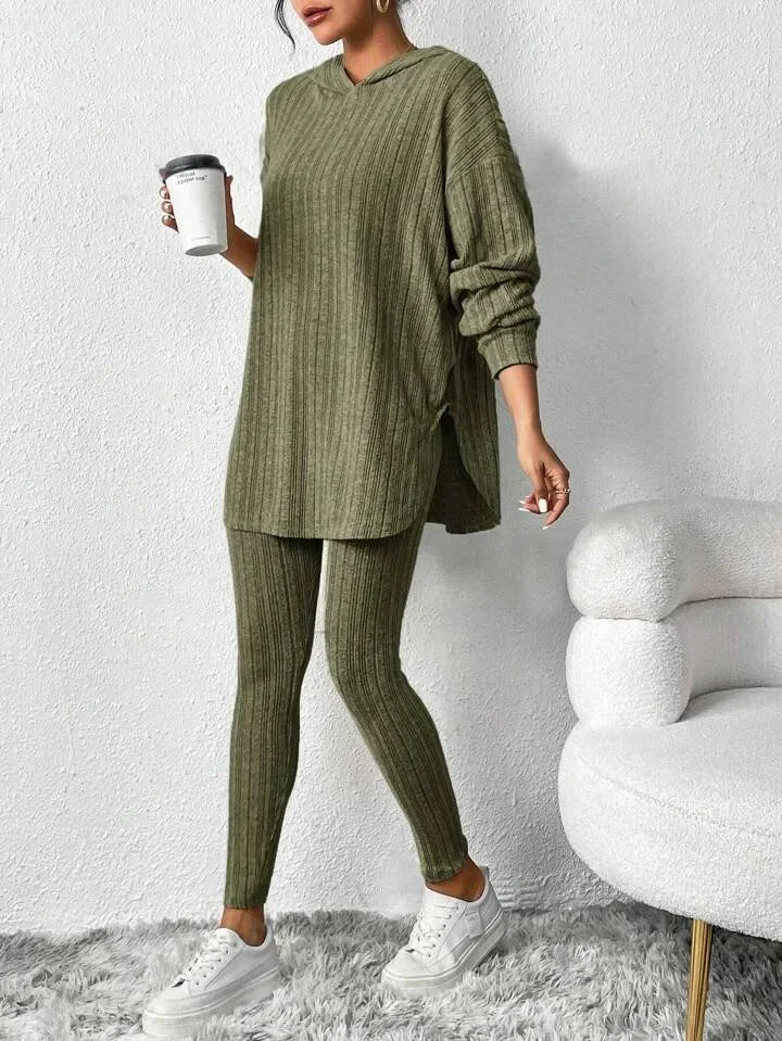 Loungewear set ribbed knit hooded women