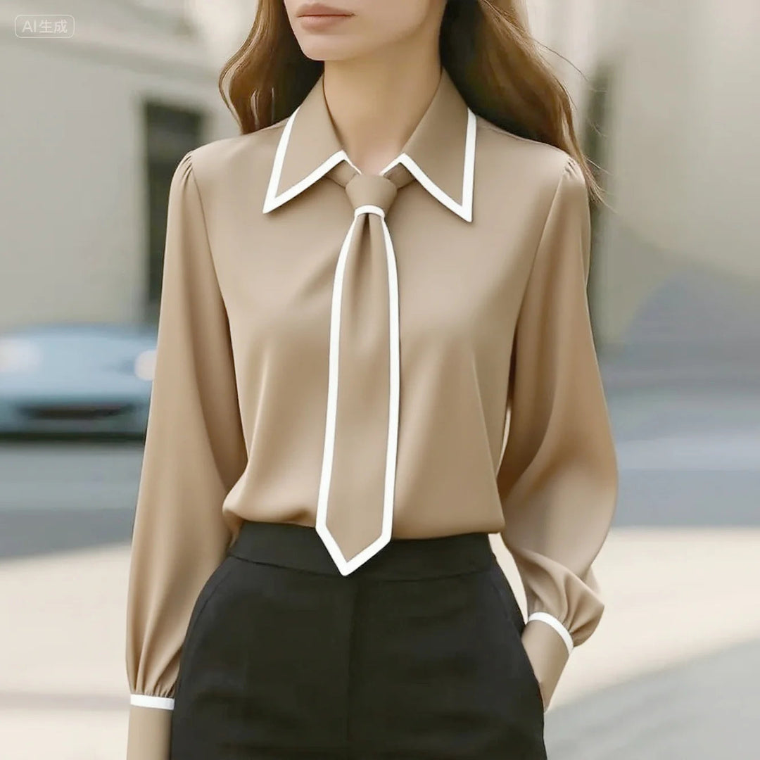 tie blouse contrast trim long sleeve women