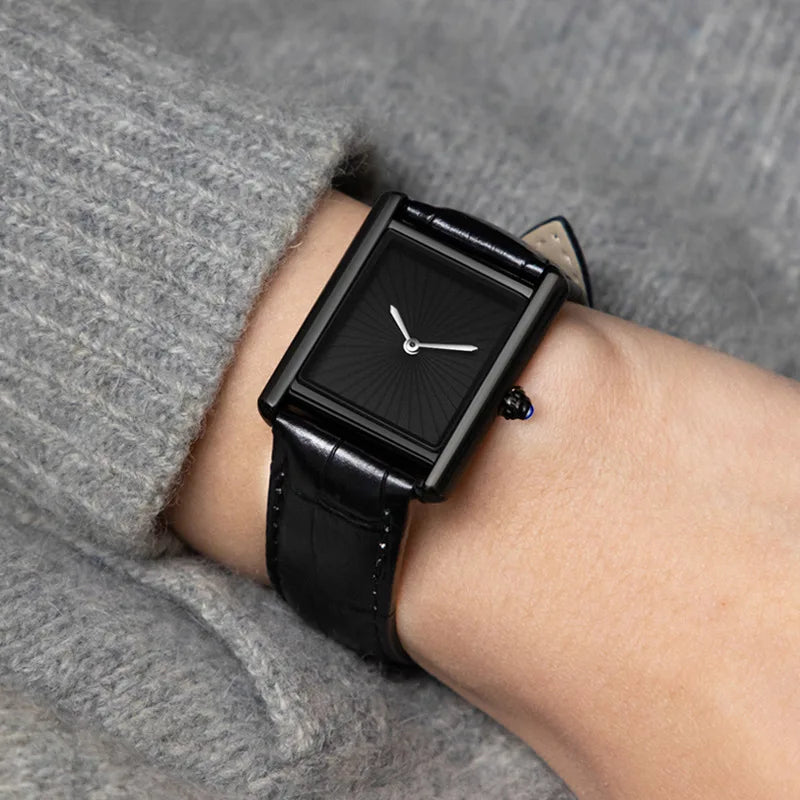 Square Sunray Dial Quartz Watch Leather Strap