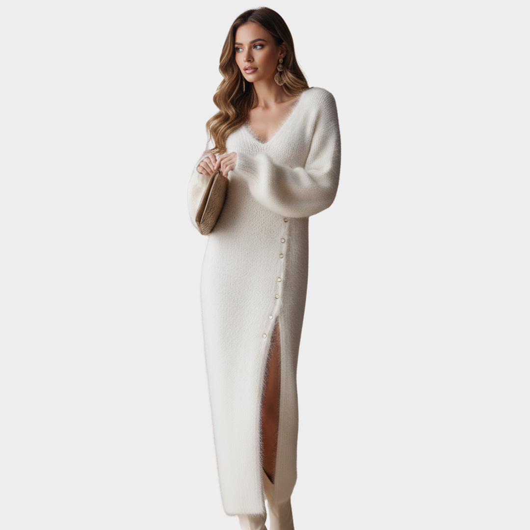 Maxi Dress Knit Long Sleeve Side Slit V Neck