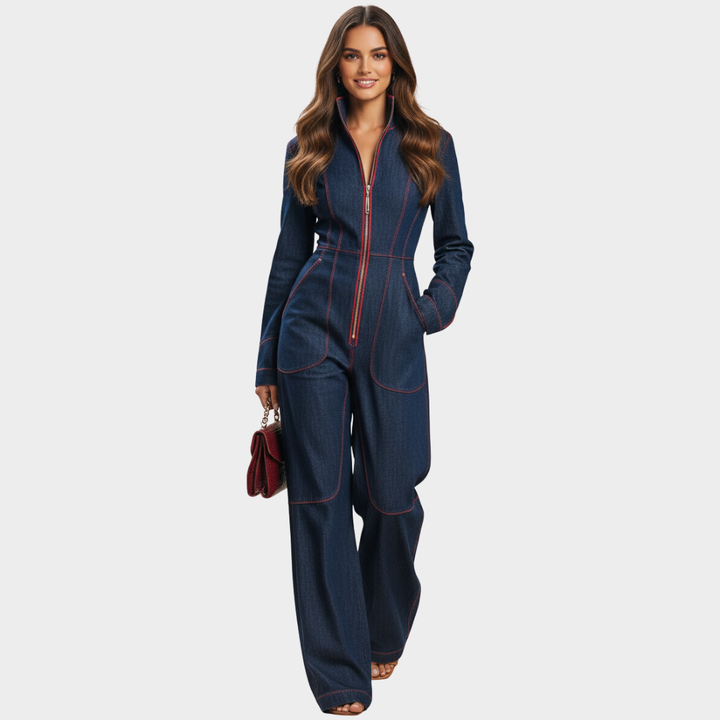 Women's Denim Zip-Front Wide-Leg Jumpsuit