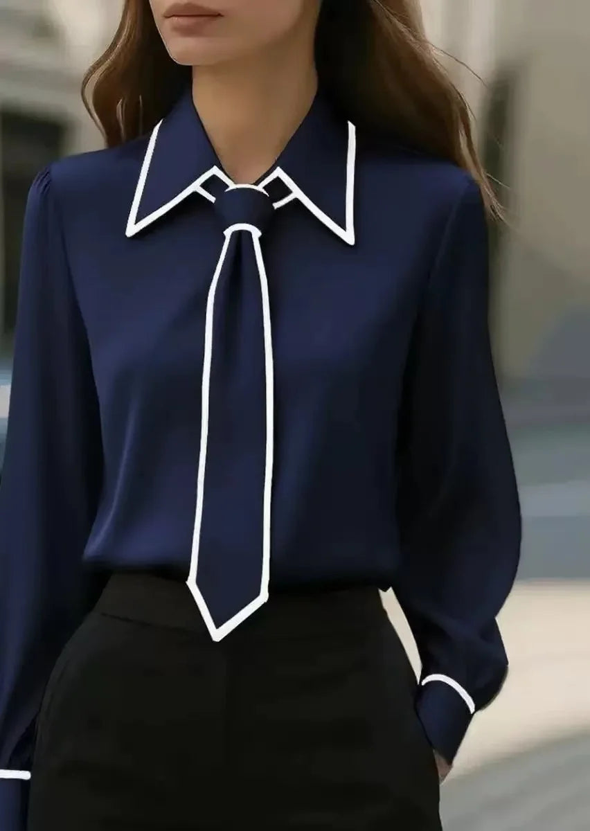 tie blouse contrast trim long sleeve women