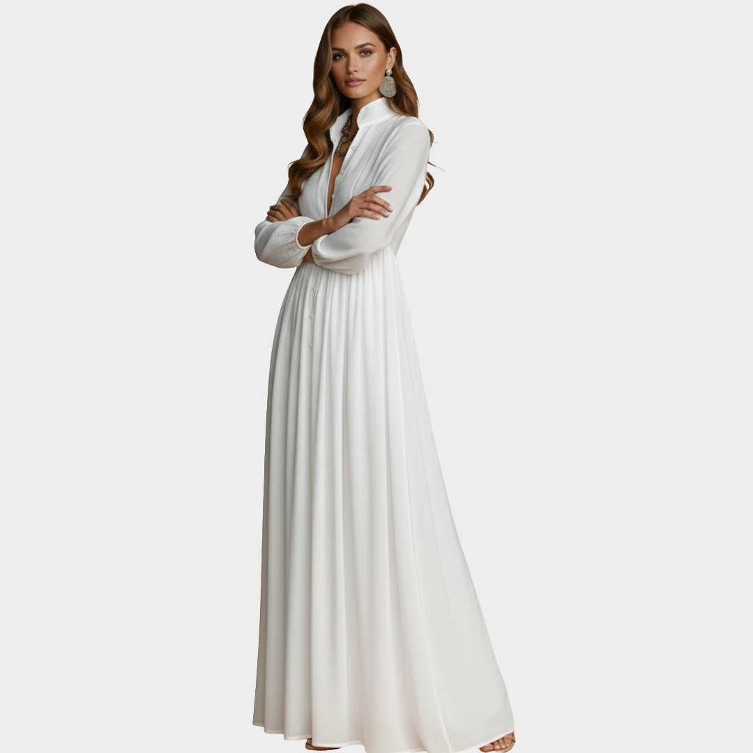 Maxi Dress White Chiffon Long Sleeve Button Front