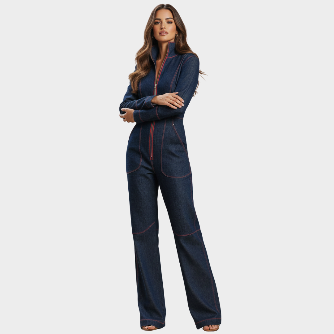 Women's Denim Zip-Front Wide-Leg Jumpsuit