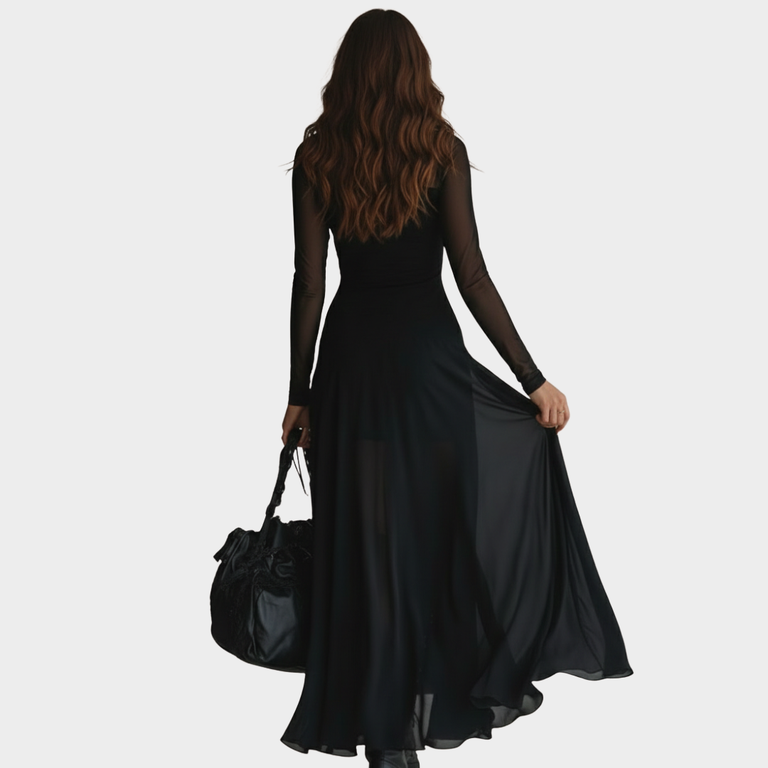 Maxi Dress Black Long Sleeve Sheer Mesh