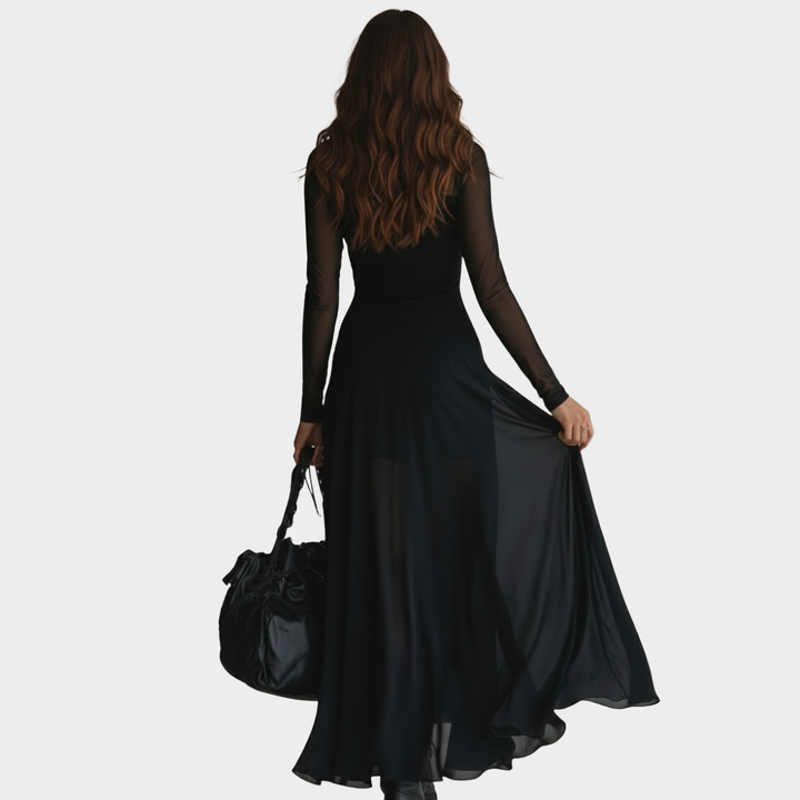 Maxi Dress Black Long Sleeve Sheer Mesh