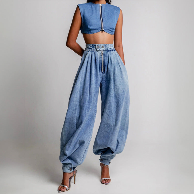 Women high waist denim balloon jeans tapered leg