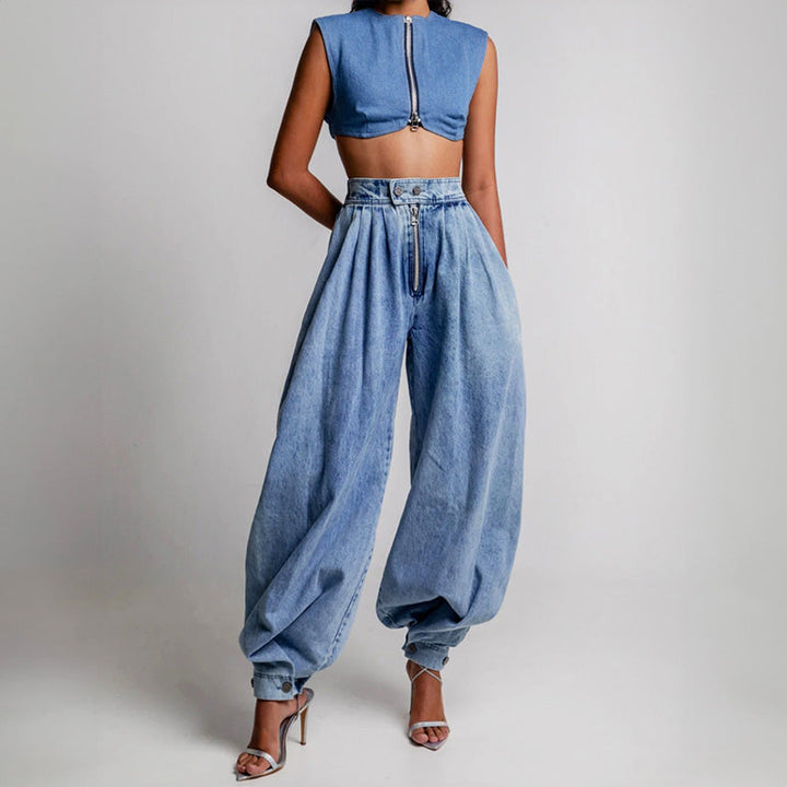 Women high waist denim balloon jeans tapered leg