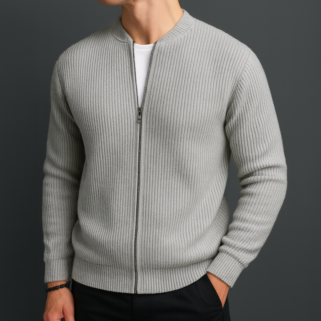 Men’s Wool Zip Up Cardigan Ribbed Collar