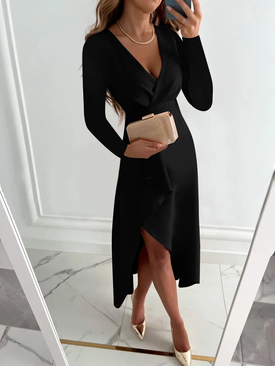 V-Neck Sheath Midi Dress for Women with Slit Design