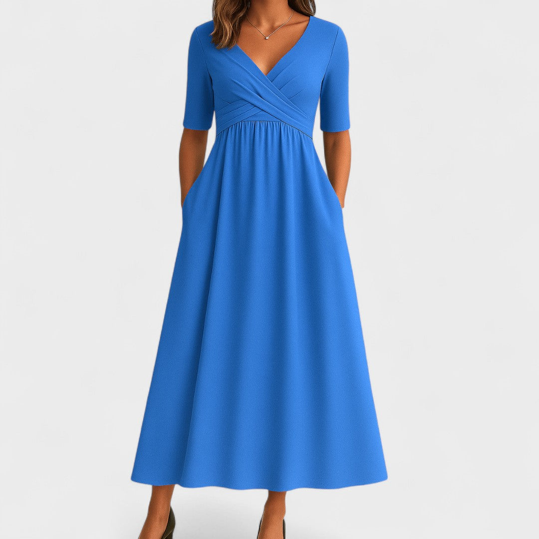 Women's Midi Dress with V-Neck, Chic Style