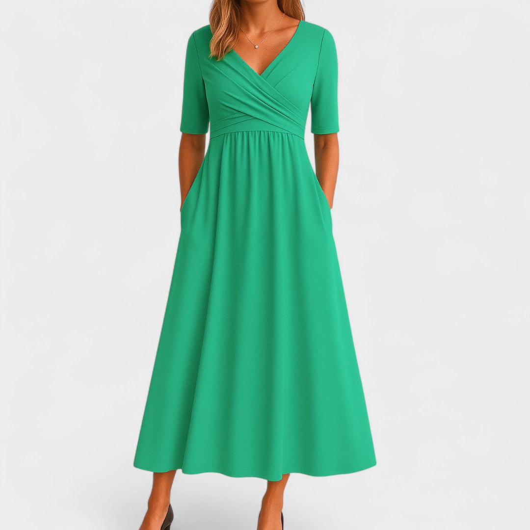 Women's Midi Dress with V-Neck, Chic Style