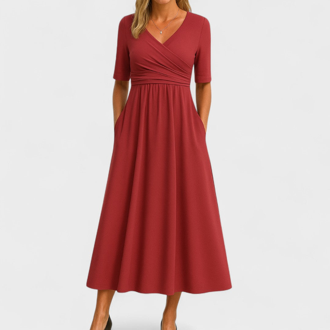Women's Midi Dress with V-Neck, Chic Style