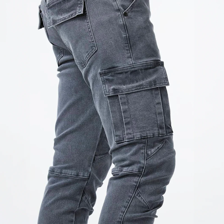 Men’s Cargo Skinny Jeans Stretch Denim Slim Fit Grey