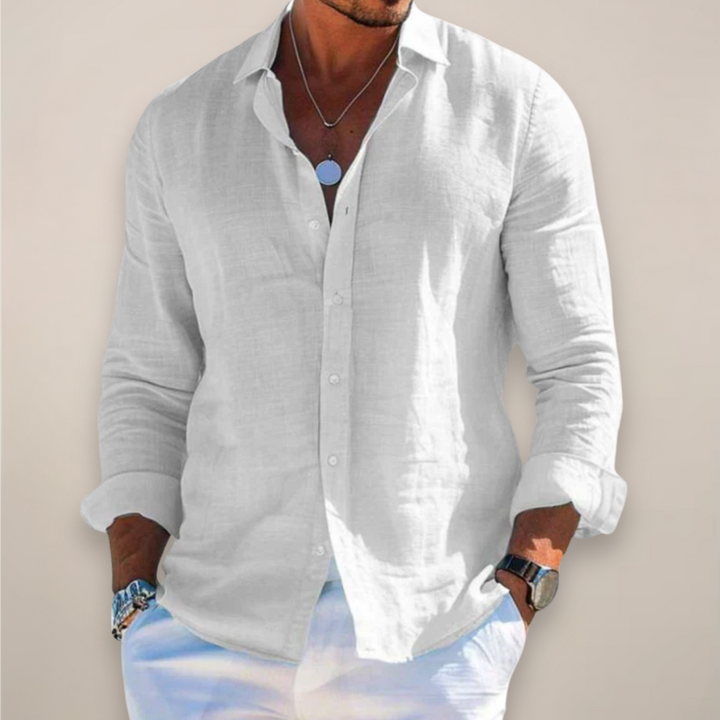 Men's Long Sleeve Casual Linen Shirt - Solid Colour Button-Up