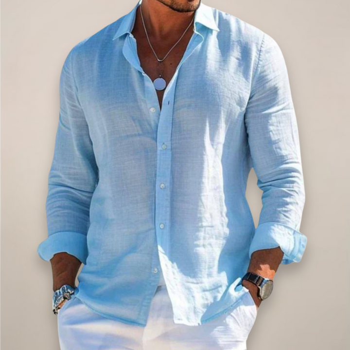 Men's Long Sleeve Casual Linen Shirt - Solid Colour Button-Up