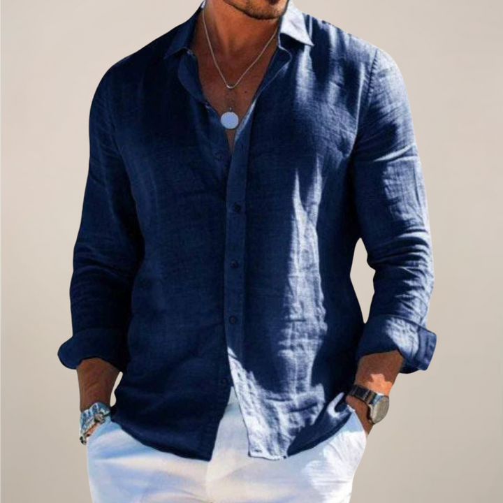 Men's Long Sleeve Casual Linen Shirt - Solid Colour Button-Up