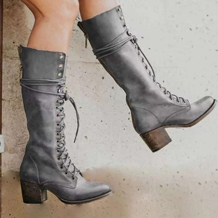 Women's Knee-High Lace-Up Boots with Block Heel