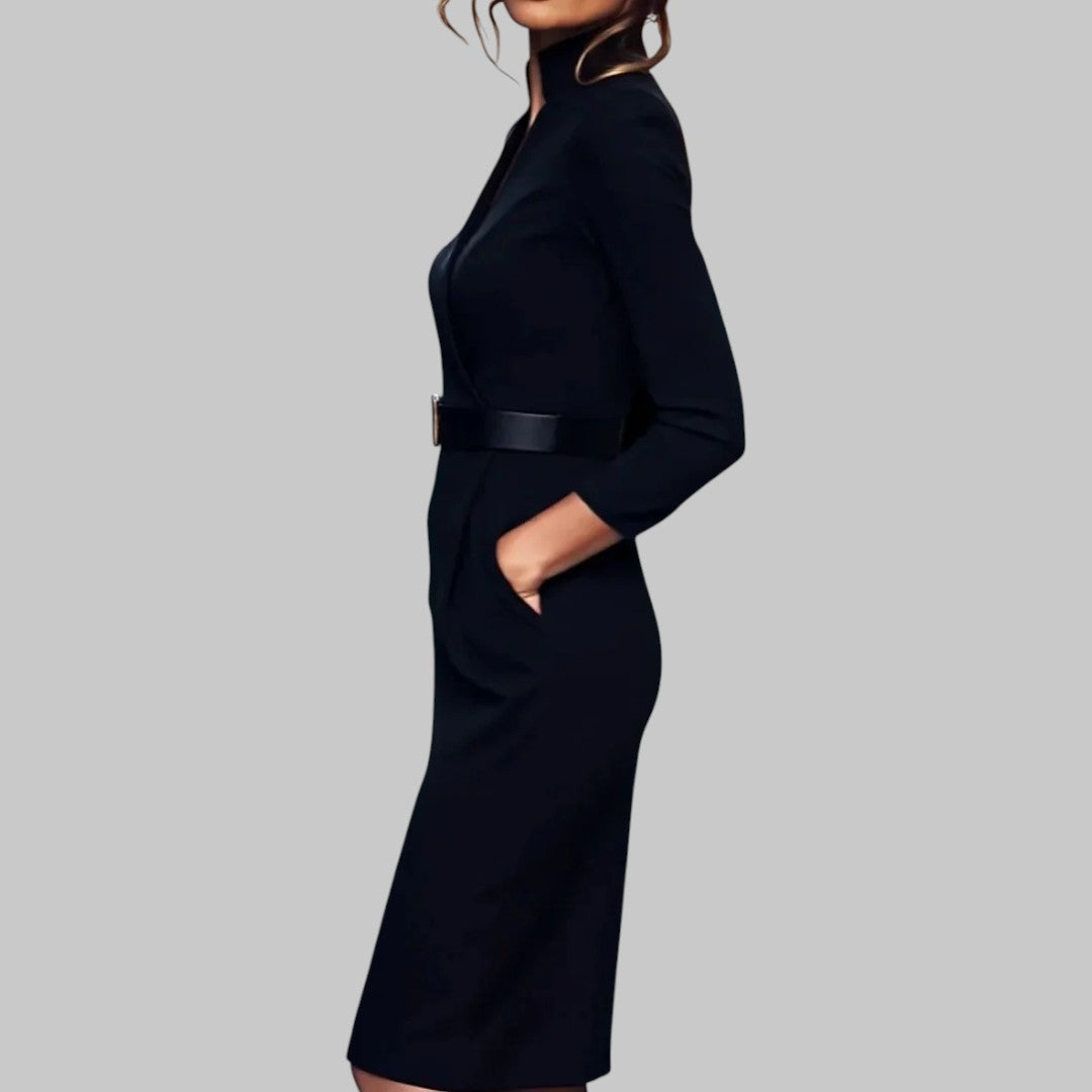 Women's Midi Dress - Long Sleeve, Collar, Belted, Sheath Design for Office & Evening Wear
