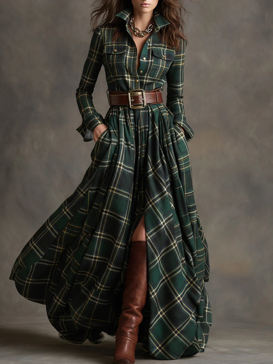 Women's Maxi Dress - Retro Reddish Brown Plaid with Lapel