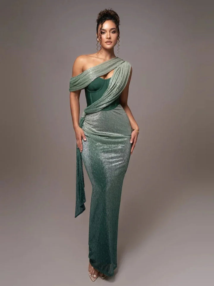 Women’s One Shoulder Draped Maxi Dress Fitted Silhouette