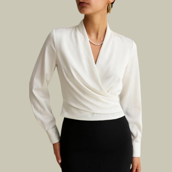 Women's Long Sleeve Satin Wrap Front Blouse