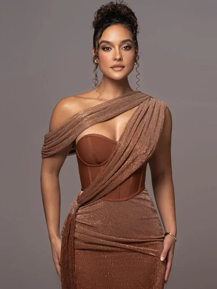 Women’s One Shoulder Draped Maxi Dress Fitted Silhouette