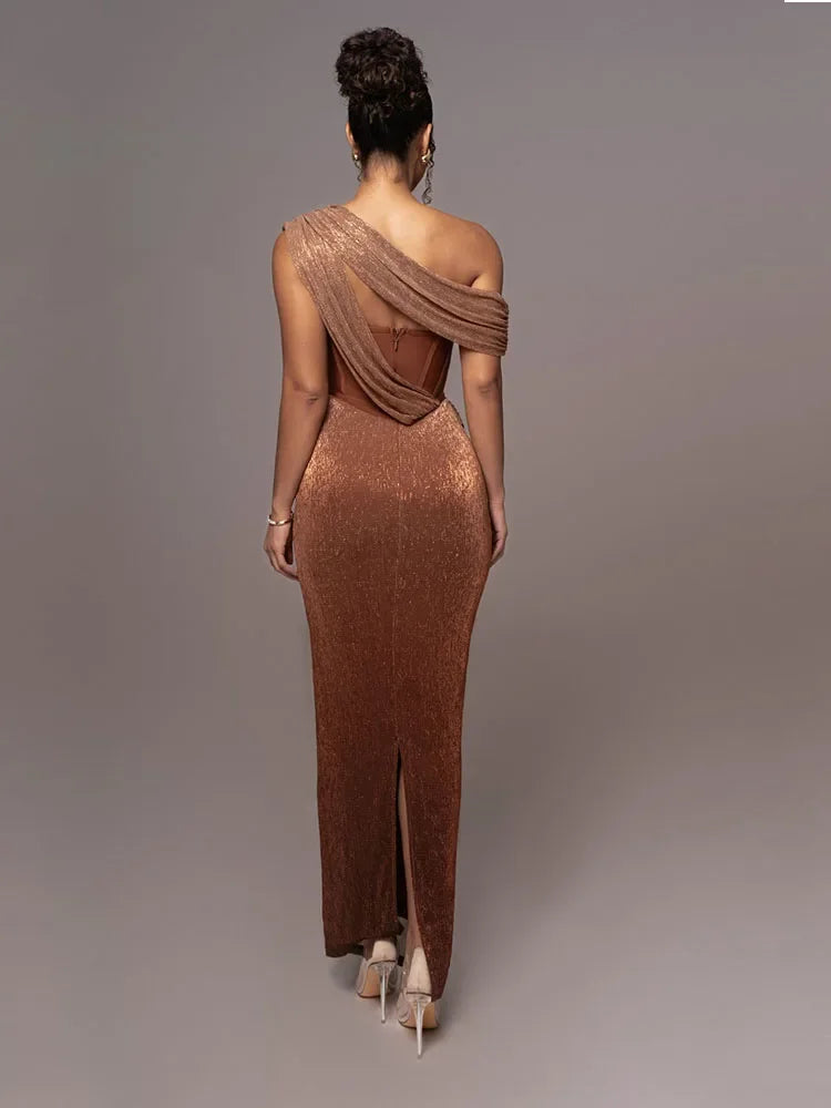 Women’s One Shoulder Draped Maxi Dress Fitted Silhouette