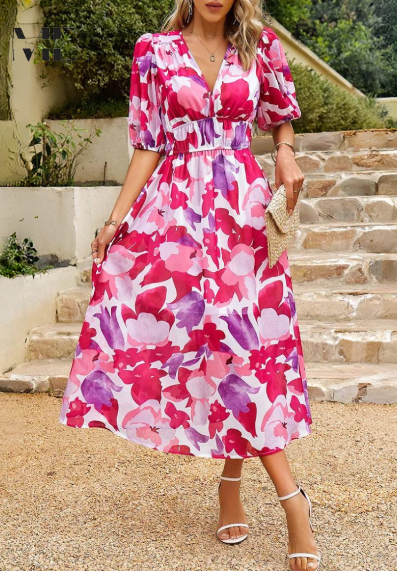 Women's Floral Midi Dress with Puff Sleeves
