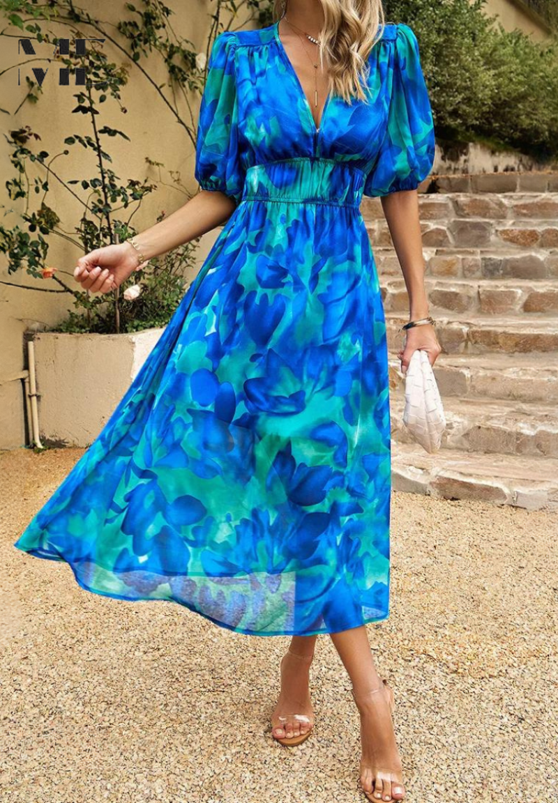 Women's Floral Midi Dress with Puff Sleeves