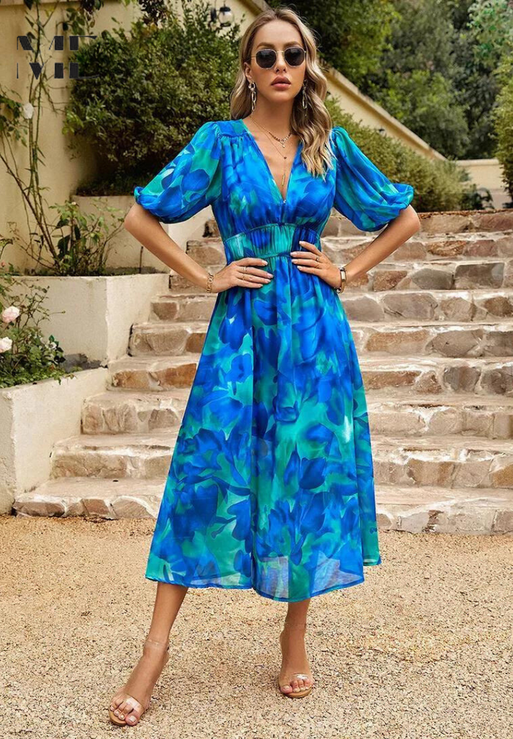 Women's Floral Midi Dress with Puff Sleeves