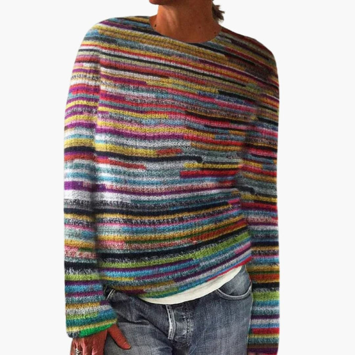 Women’s striped knit sweater with round neckline