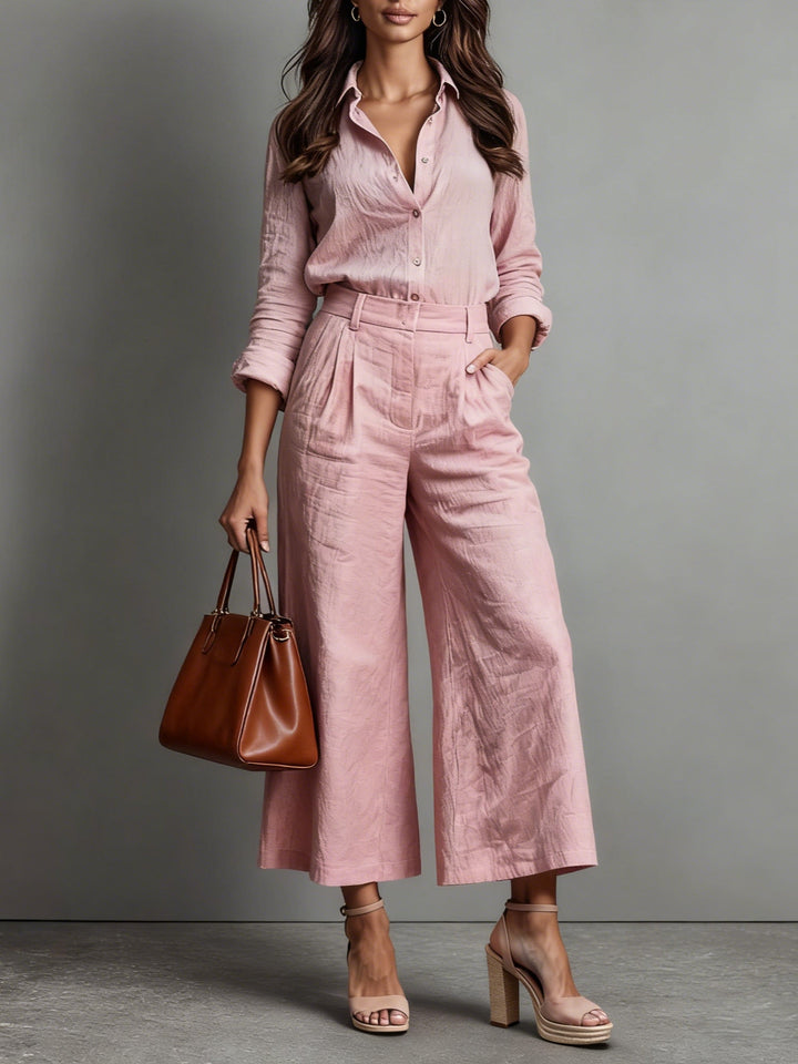 Women's Linen Capri Pants and Loose Shirt Set in Pink