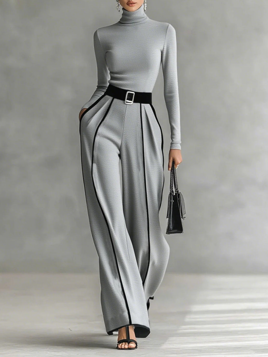 Women's High-Neck Long-Sleeved Top and Wide-Leg Pants Set with Belt, White Trim